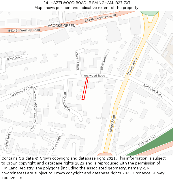 14, HAZELWOOD ROAD, BIRMINGHAM, B27 7XT: Location map and indicative extent of plot