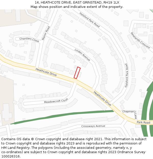 14, HEATHCOTE DRIVE, EAST GRINSTEAD, RH19 1LX: Location map and indicative extent of plot