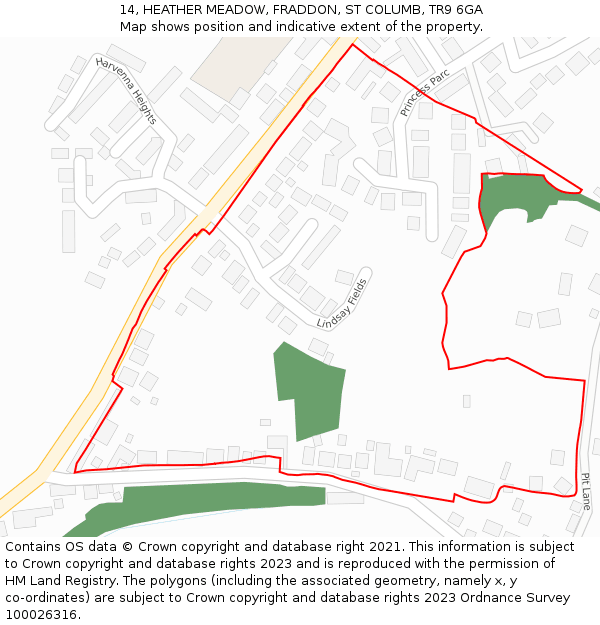 14, HEATHER MEADOW, FRADDON, ST COLUMB, TR9 6GA: Location map and indicative extent of plot
