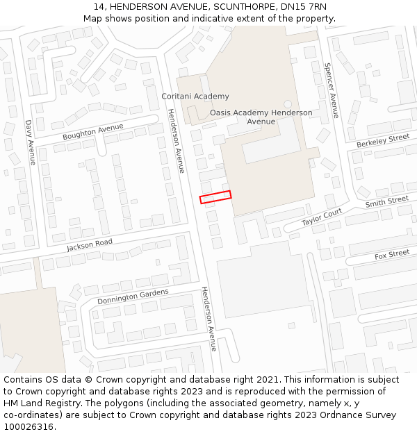 14, HENDERSON AVENUE, SCUNTHORPE, DN15 7RN: Location map and indicative extent of plot
