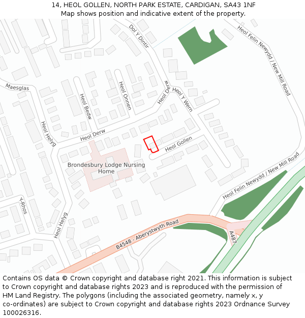 14, HEOL GOLLEN, NORTH PARK ESTATE, CARDIGAN, SA43 1NF: Location map and indicative extent of plot