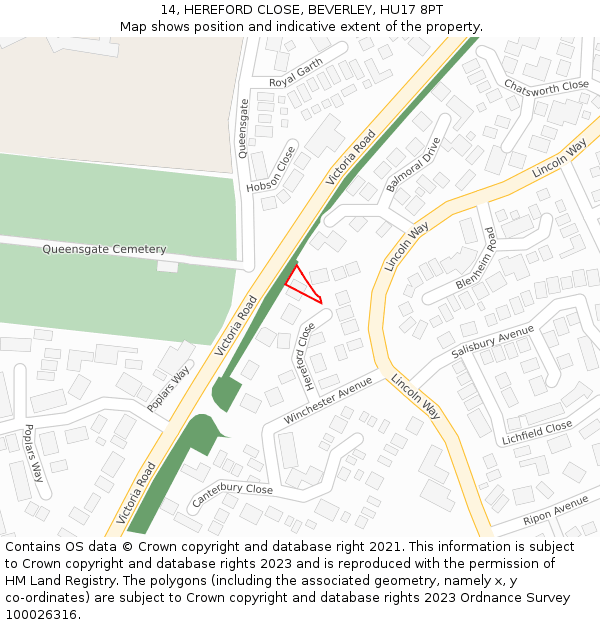 14, HEREFORD CLOSE, BEVERLEY, HU17 8PT: Location map and indicative extent of plot