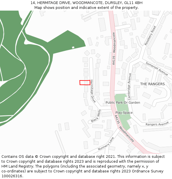 14, HERMITAGE DRIVE, WOODMANCOTE, DURSLEY, GL11 4BH: Location map and indicative extent of plot