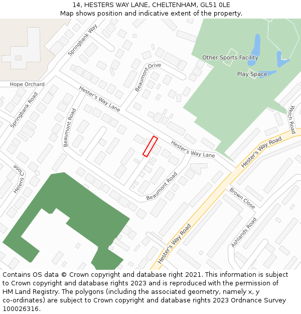 14, HESTERS WAY LANE, CHELTENHAM, GL51 0LE: Location map and indicative extent of plot