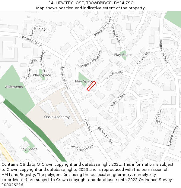 14, HEWITT CLOSE, TROWBRIDGE, BA14 7SG: Location map and indicative extent of plot