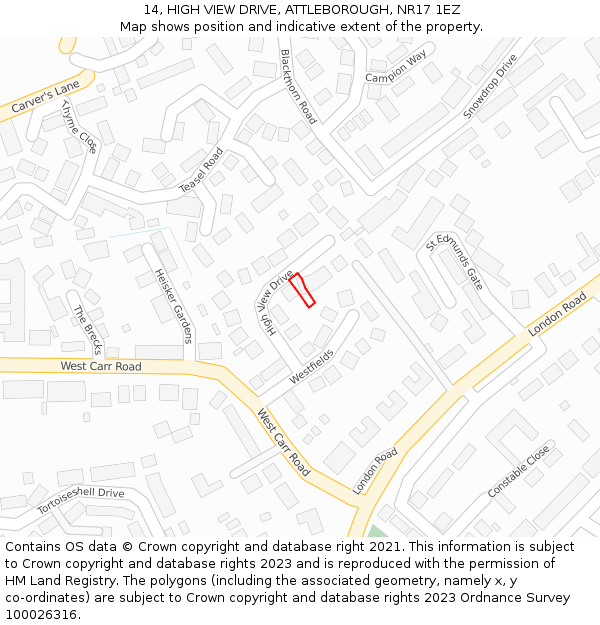 14, HIGH VIEW DRIVE, ATTLEBOROUGH, NR17 1EZ: Location map and indicative extent of plot