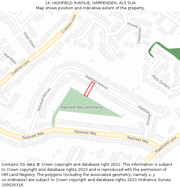 14, HIGHFIELD AVENUE, HARPENDEN, AL5 5UA: Location map and indicative extent of plot