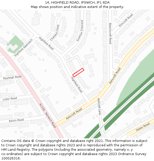 14, HIGHFIELD ROAD, IPSWICH, IP1 6DA: Location map and indicative extent of plot