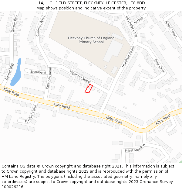 14, HIGHFIELD STREET, FLECKNEY, LEICESTER, LE8 8BD: Location map and indicative extent of plot