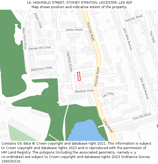 14, HIGHFIELD STREET, STONEY STANTON, LEICESTER, LE9 4DF: Location map and indicative extent of plot