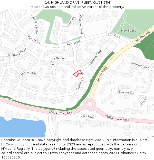 14, HIGHLAND DRIVE, FLEET, GU51 2TH: Location map and indicative extent of plot