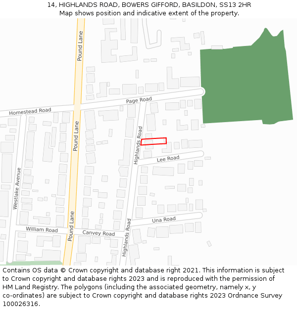 14, HIGHLANDS ROAD, BOWERS GIFFORD, BASILDON, SS13 2HR: Location map and indicative extent of plot