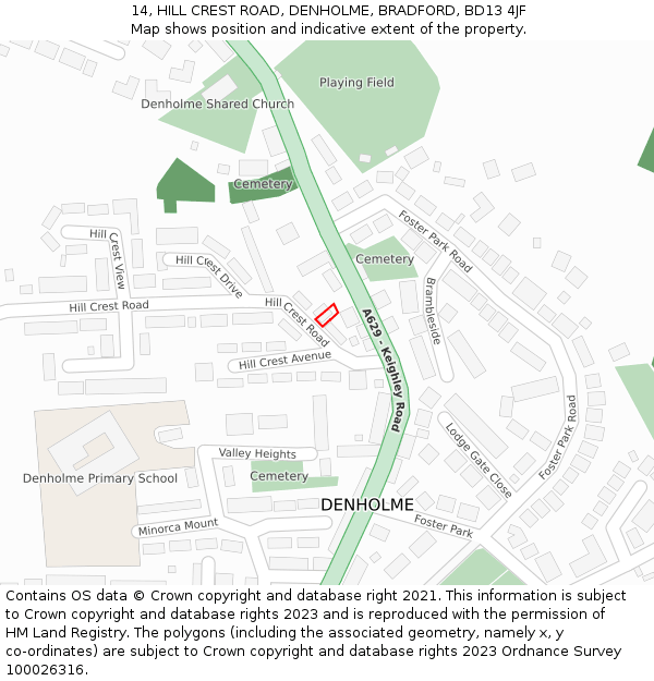 14, HILL CREST ROAD, DENHOLME, BRADFORD, BD13 4JF: Location map and indicative extent of plot