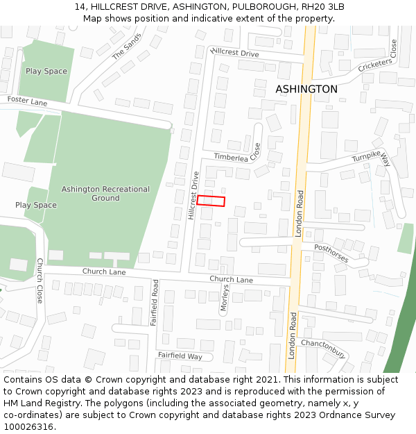 14, HILLCREST DRIVE, ASHINGTON, PULBOROUGH, RH20 3LB: Location map and indicative extent of plot