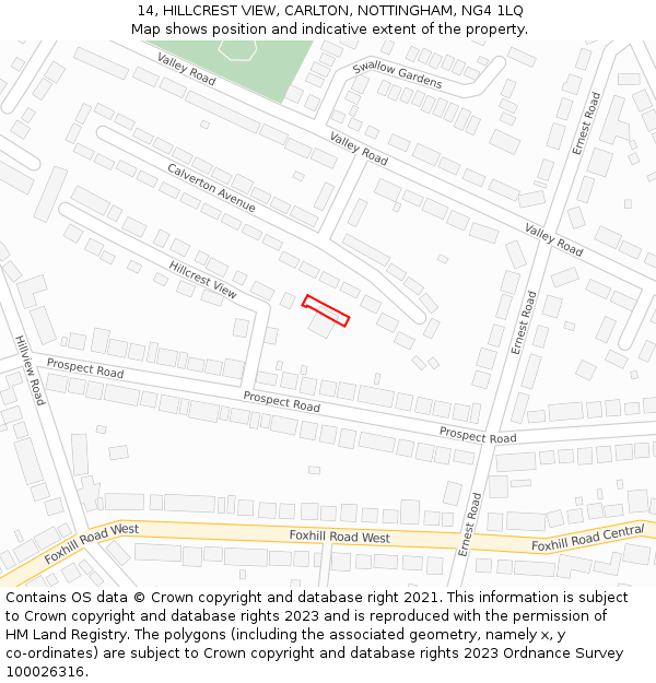 14, HILLCREST VIEW, CARLTON, NOTTINGHAM, NG4 1LQ: Location map and indicative extent of plot