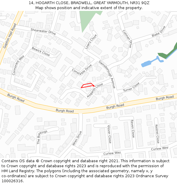 14, HOGARTH CLOSE, BRADWELL, GREAT YARMOUTH, NR31 9QZ: Location map and indicative extent of plot