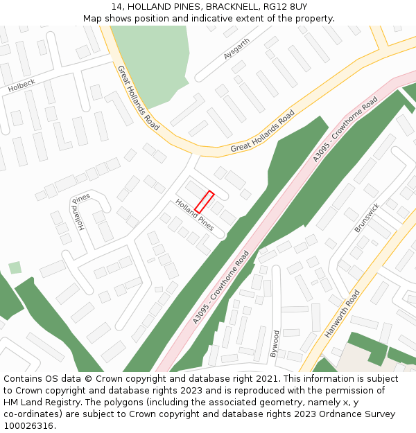 14, HOLLAND PINES, BRACKNELL, RG12 8UY: Location map and indicative extent of plot