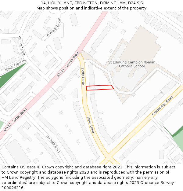 14, HOLLY LANE, ERDINGTON, BIRMINGHAM, B24 9JS: Location map and indicative extent of plot