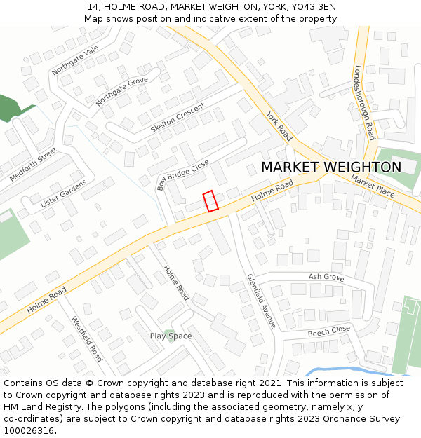 14, HOLME ROAD, MARKET WEIGHTON, YORK, YO43 3EN: Location map and indicative extent of plot