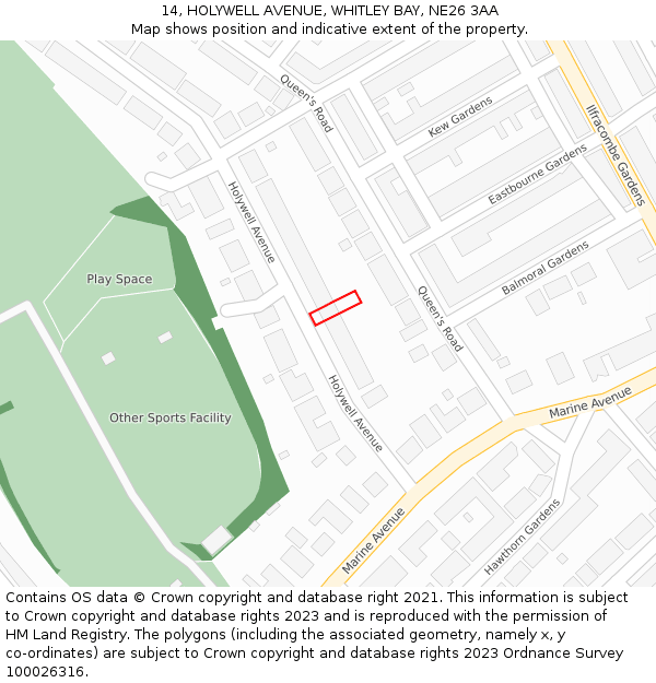 14, HOLYWELL AVENUE, WHITLEY BAY, NE26 3AA: Location map and indicative extent of plot