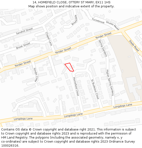 14, HOMEFIELD CLOSE, OTTERY ST MARY, EX11 1HS: Location map and indicative extent of plot