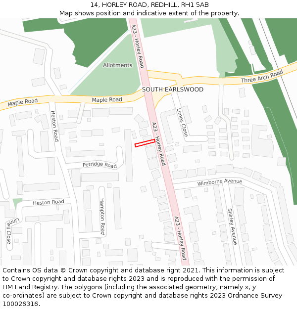 14, HORLEY ROAD, REDHILL, RH1 5AB: Location map and indicative extent of plot