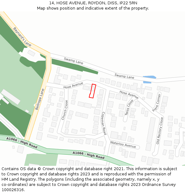 14, HOSE AVENUE, ROYDON, DISS, IP22 5RN: Location map and indicative extent of plot