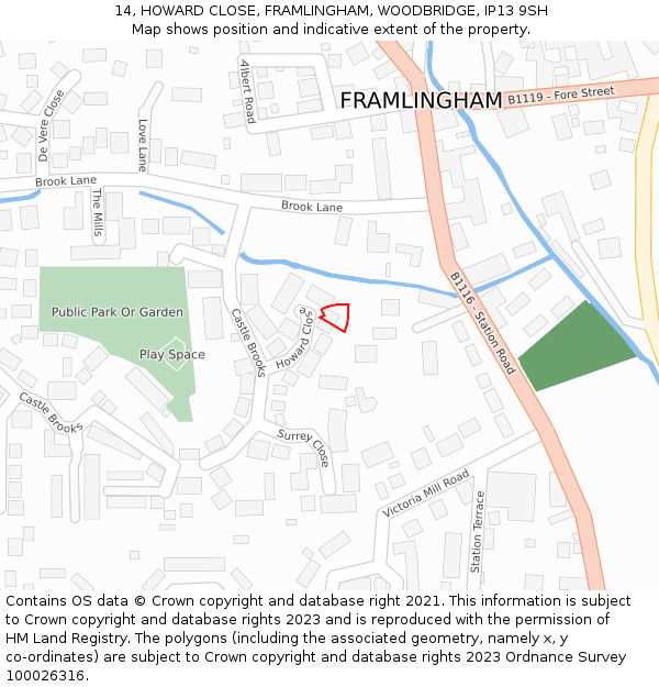 14, HOWARD CLOSE, FRAMLINGHAM, WOODBRIDGE, IP13 9SH: Location map and indicative extent of plot