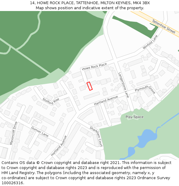 14, HOWE ROCK PLACE, TATTENHOE, MILTON KEYNES, MK4 3BX: Location map and indicative extent of plot