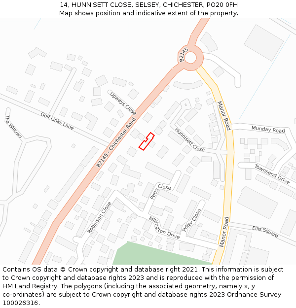 14, HUNNISETT CLOSE, SELSEY, CHICHESTER, PO20 0FH: Location map and indicative extent of plot