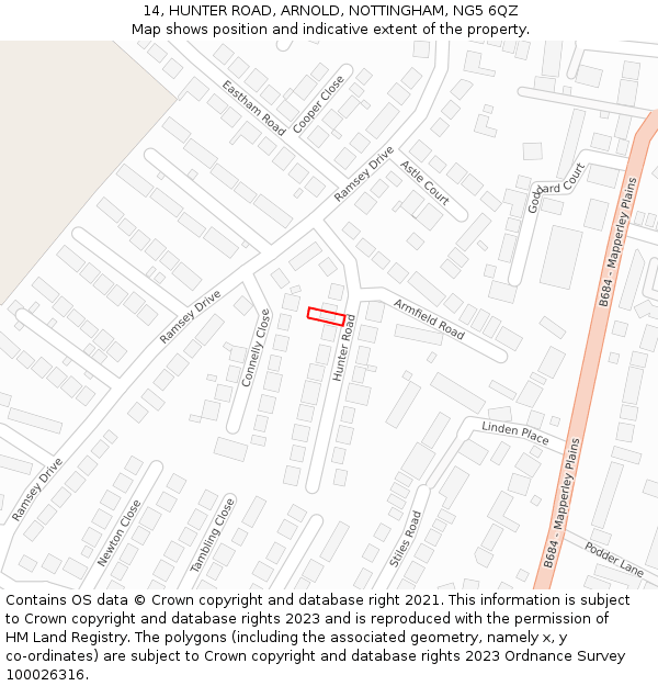 14, HUNTER ROAD, ARNOLD, NOTTINGHAM, NG5 6QZ: Location map and indicative extent of plot