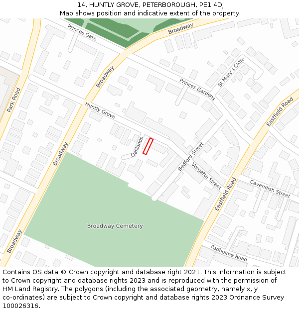 14, HUNTLY GROVE, PETERBOROUGH, PE1 4DJ: Location map and indicative extent of plot