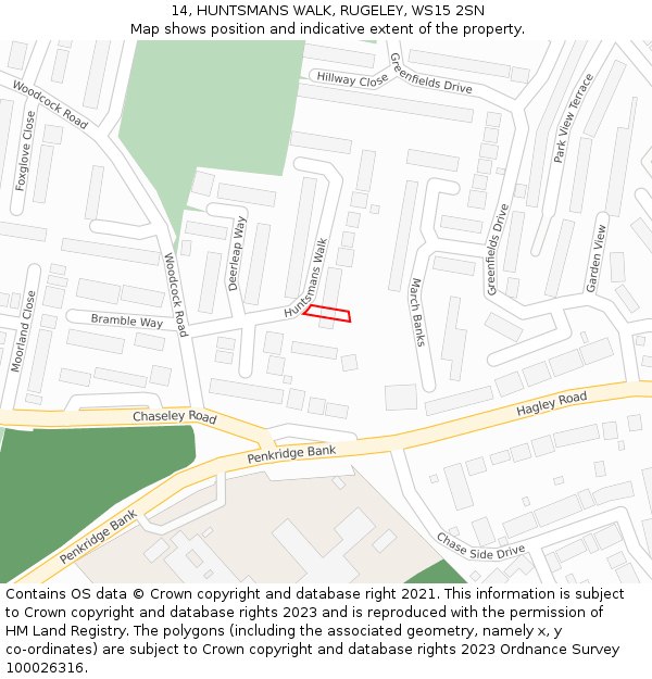 14, HUNTSMANS WALK, RUGELEY, WS15 2SN: Location map and indicative extent of plot