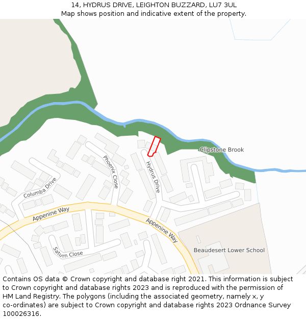 14, HYDRUS DRIVE, LEIGHTON BUZZARD, LU7 3UL: Location map and indicative extent of plot