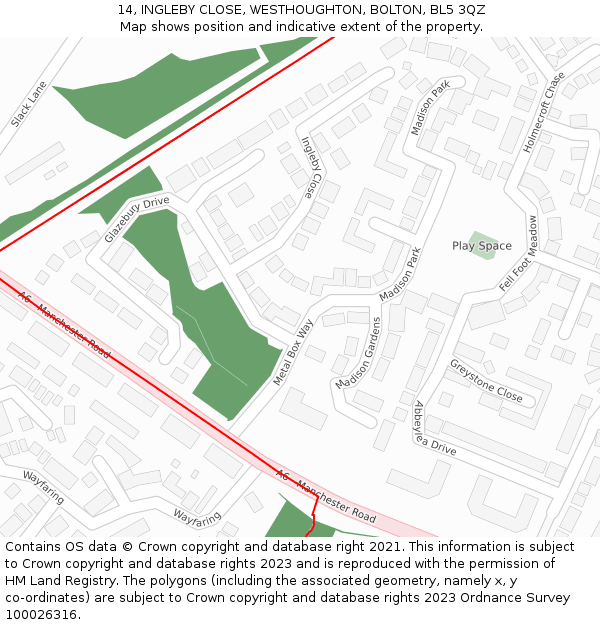 14, INGLEBY CLOSE, WESTHOUGHTON, BOLTON, BL5 3QZ: Location map and indicative extent of plot