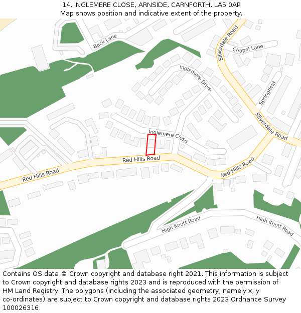 14, INGLEMERE CLOSE, ARNSIDE, CARNFORTH, LA5 0AP: Location map and indicative extent of plot