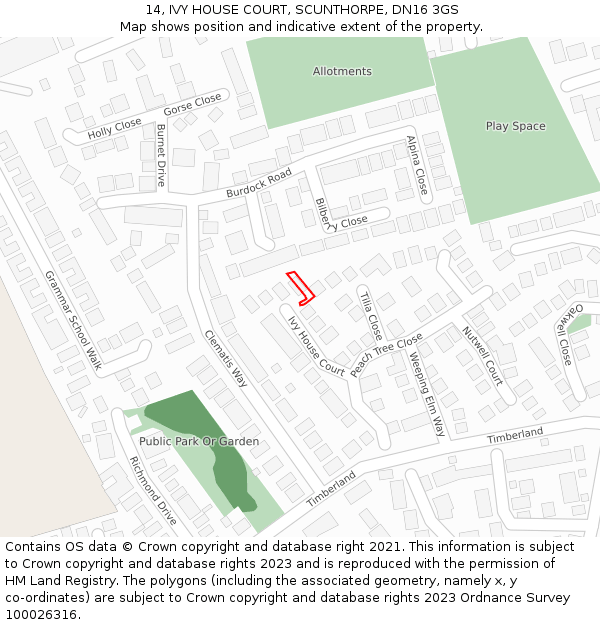 14, IVY HOUSE COURT, SCUNTHORPE, DN16 3GS: Location map and indicative extent of plot