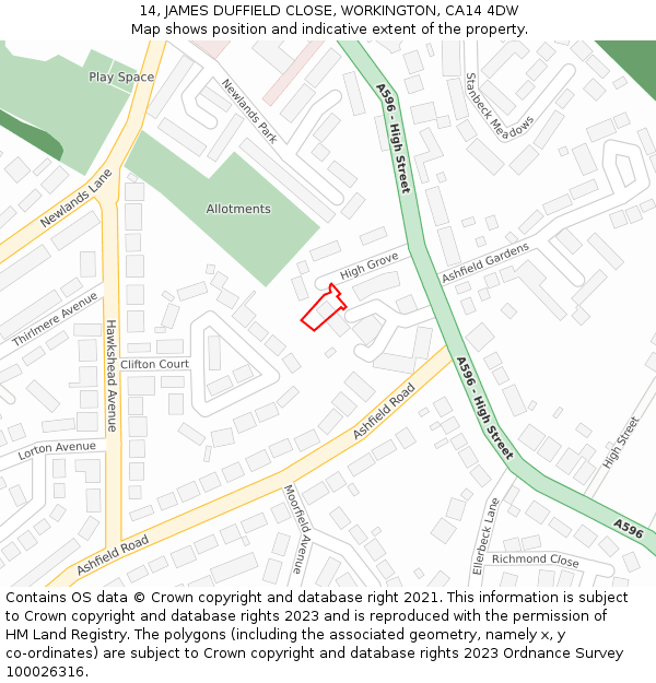 14, JAMES DUFFIELD CLOSE, WORKINGTON, CA14 4DW: Location map and indicative extent of plot