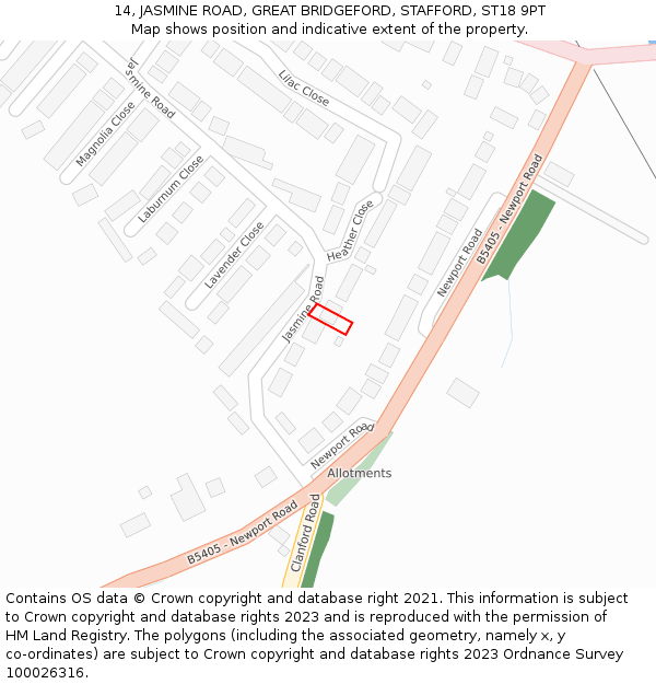 14, JASMINE ROAD, GREAT BRIDGEFORD, STAFFORD, ST18 9PT: Location map and indicative extent of plot