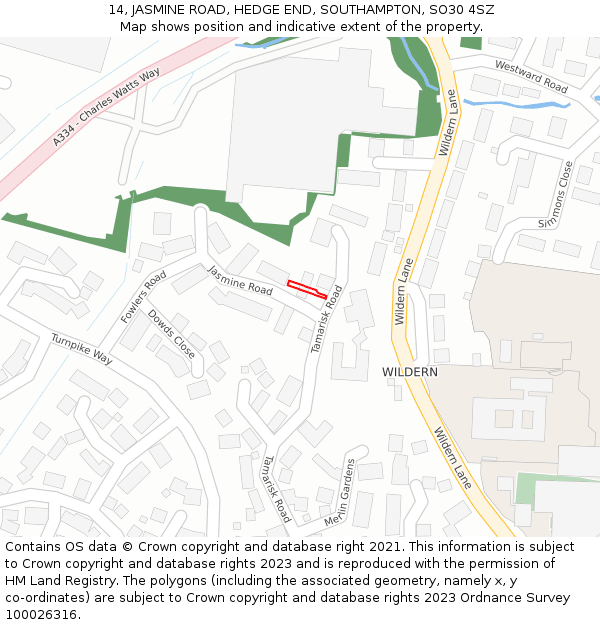 14, JASMINE ROAD, HEDGE END, SOUTHAMPTON, SO30 4SZ: Location map and indicative extent of plot