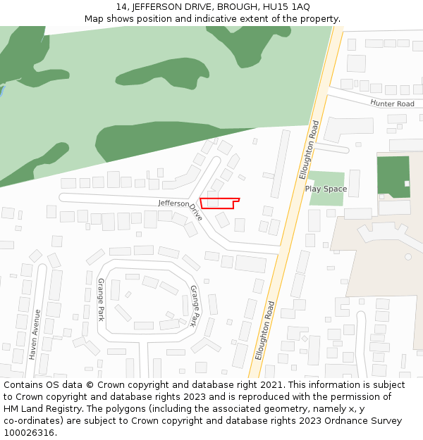 14, JEFFERSON DRIVE, BROUGH, HU15 1AQ: Location map and indicative extent of plot