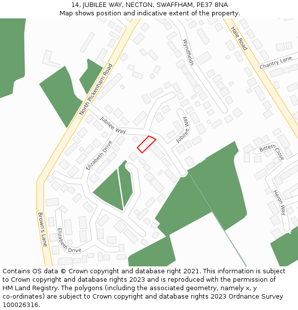14, JUBILEE WAY, NECTON, SWAFFHAM, PE37 8NA: Location map and indicative extent of plot
