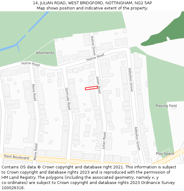 14, JULIAN ROAD, WEST BRIDGFORD, NOTTINGHAM, NG2 5AP: Location map and indicative extent of plot