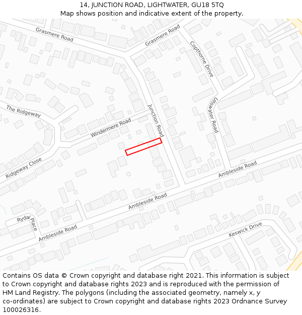 14, JUNCTION ROAD, LIGHTWATER, GU18 5TQ: Location map and indicative extent of plot