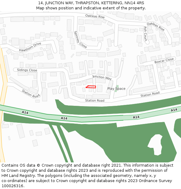 14, JUNCTION WAY, THRAPSTON, KETTERING, NN14 4RS: Location map and indicative extent of plot