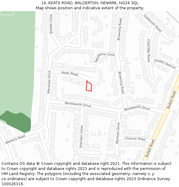 14, KEATS ROAD, BALDERTON, NEWARK, NG24 3QL: Location map and indicative extent of plot