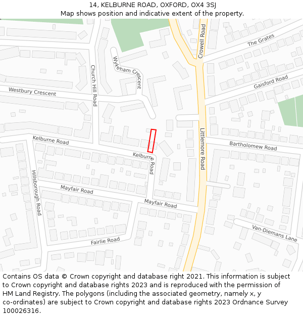 14, KELBURNE ROAD, OXFORD, OX4 3SJ: Location map and indicative extent of plot