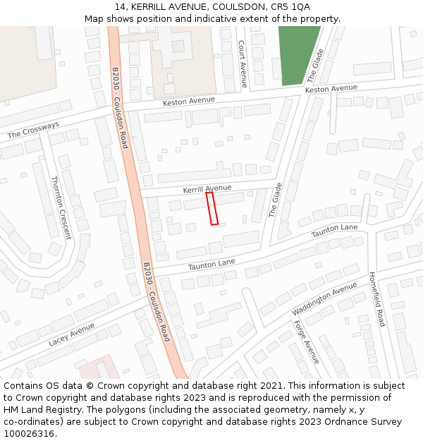 14, KERRILL AVENUE, COULSDON, CR5 1QA: Location map and indicative extent of plot