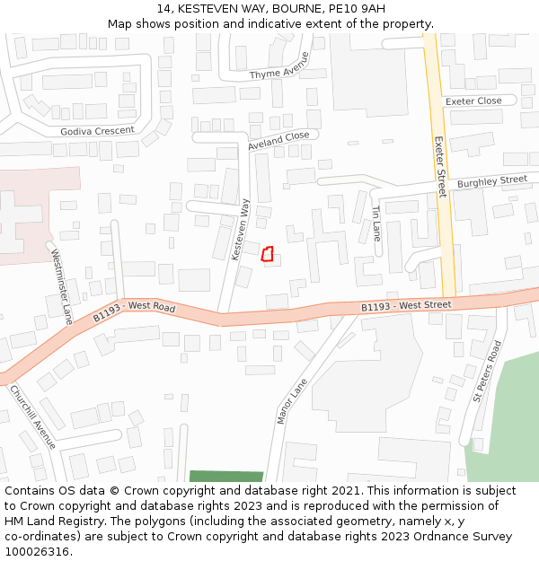14, KESTEVEN WAY, BOURNE, PE10 9AH: Location map and indicative extent of plot