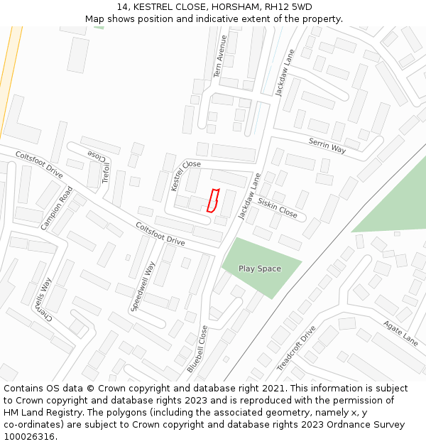 14, KESTREL CLOSE, HORSHAM, RH12 5WD: Location map and indicative extent of plot